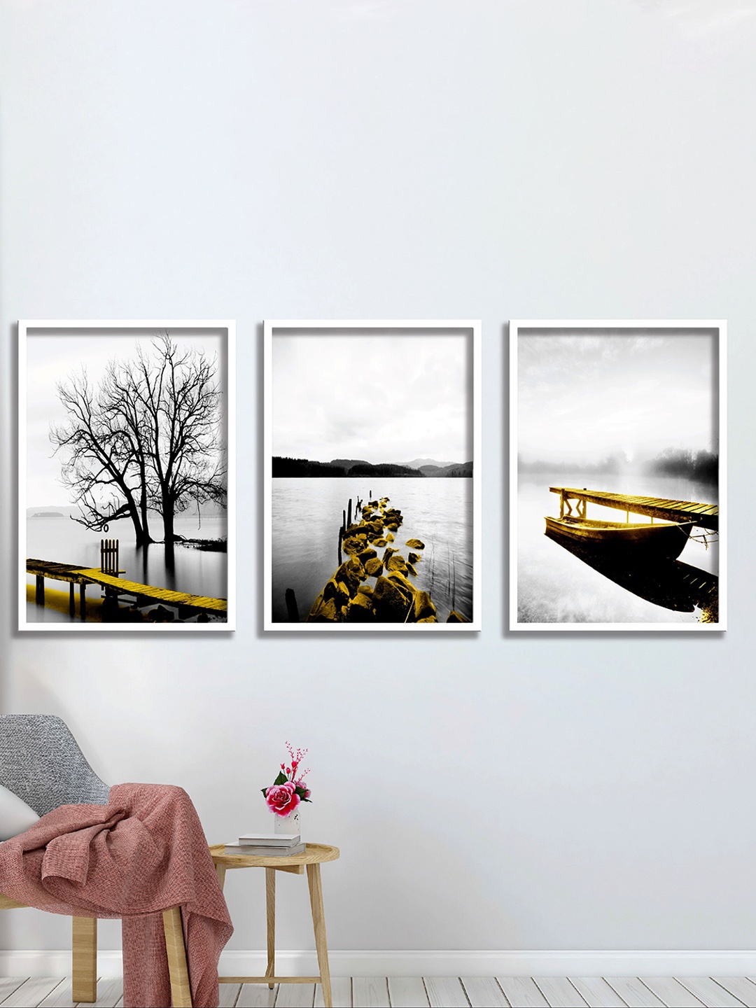 

SAF Black & Grey 3 Pieces Water Bridge And Boat UV Coating Painting Wall Arts