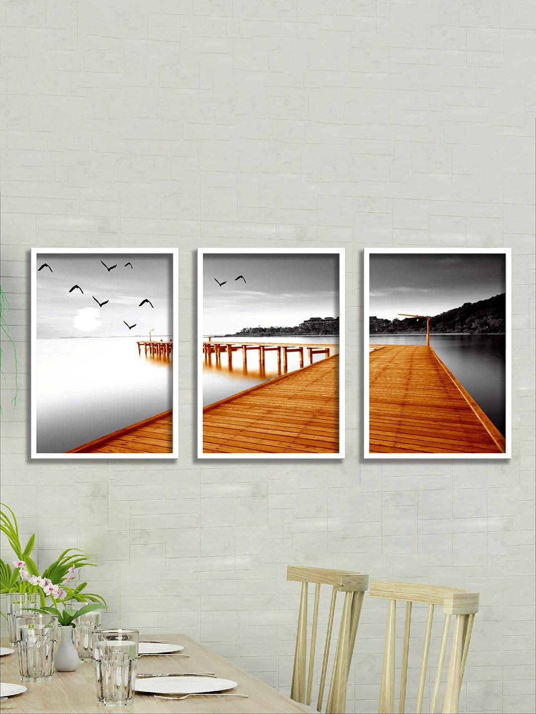 

SAF Black & Orange 3 Pieces Water Bridge & Birds Painting Wall Arts