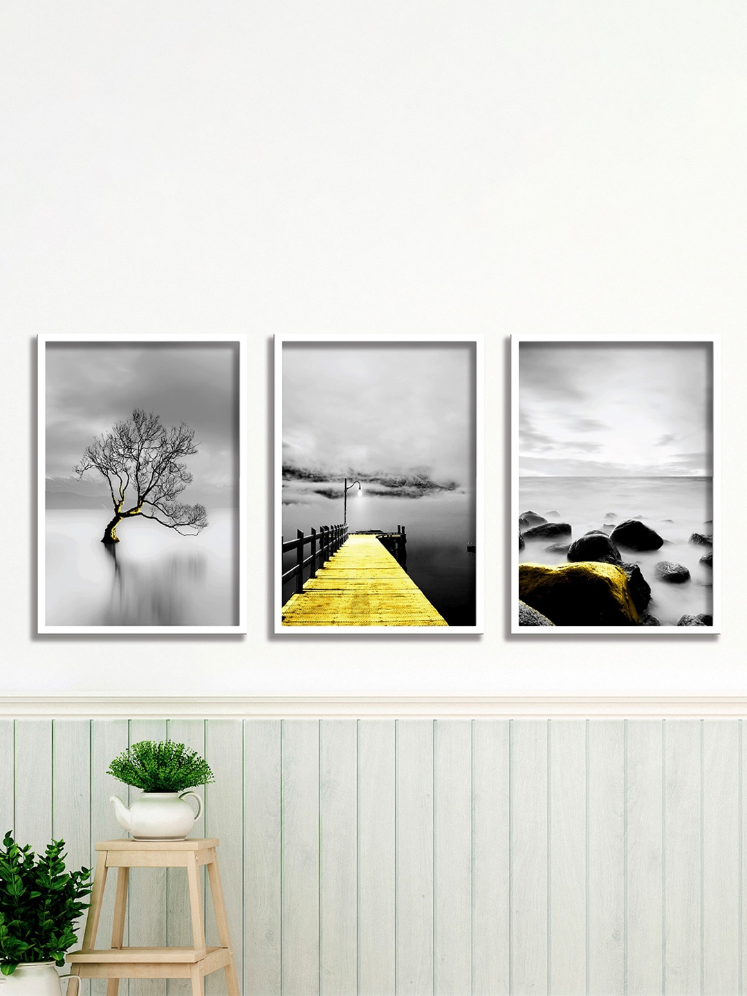 

SAF Black & Yellow 3 Pieces Water Bridge & Tree Painting Wall Arts