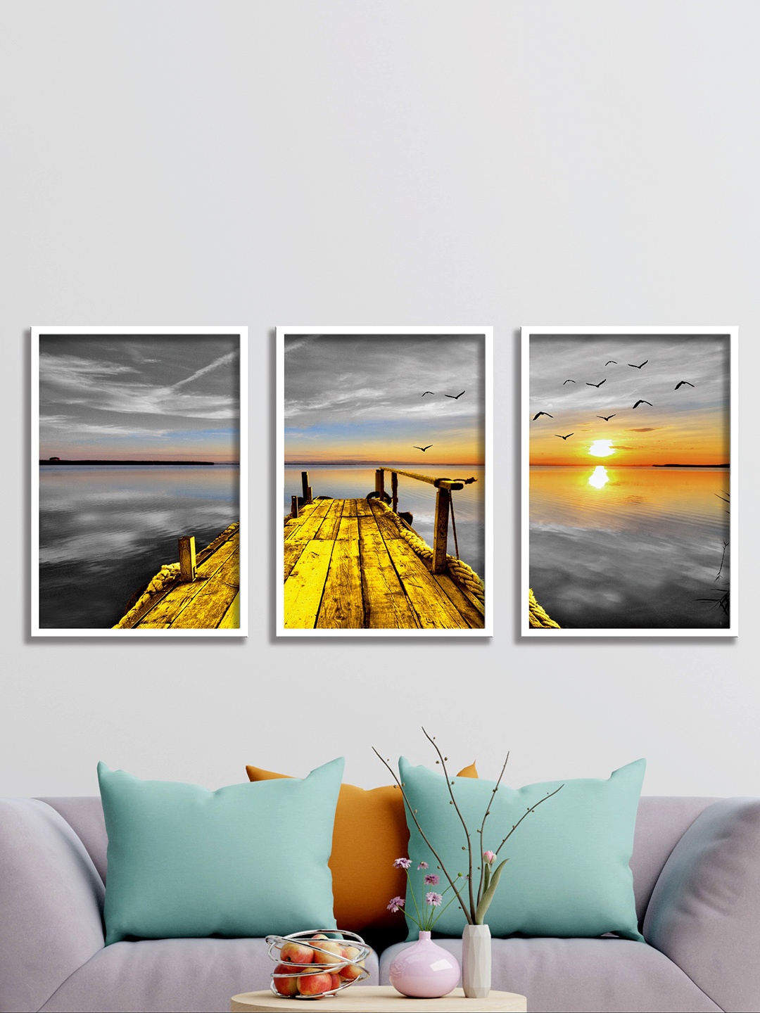 

SAF Grey & Orange 3 Pieces Water Bridge & Sun Painting Wall Arts
