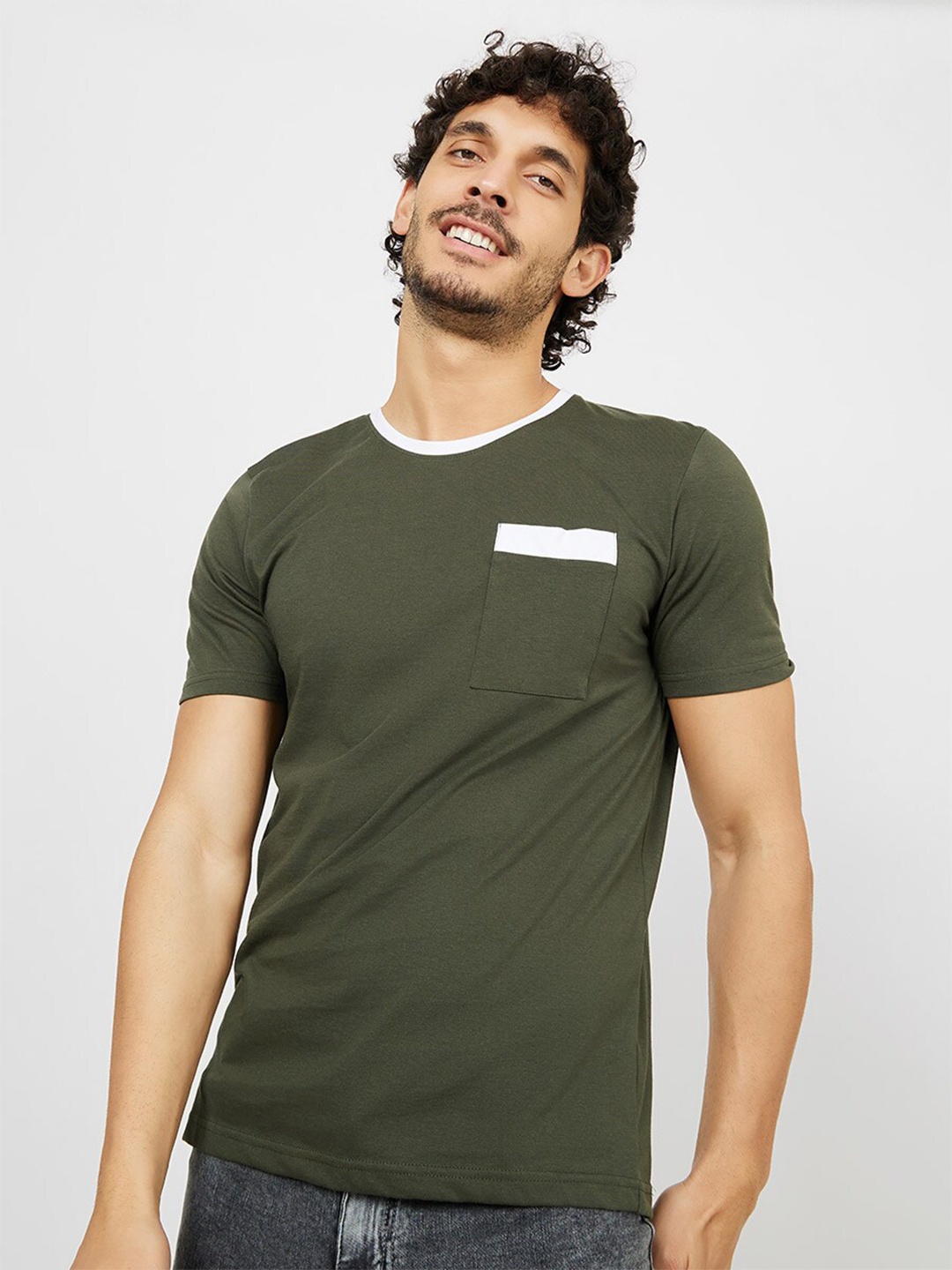 

Styli Round Neck Regular Sleeves T-shirt, Olive
