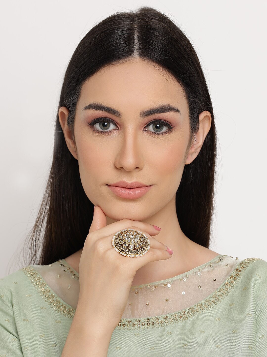 

Anouk Gold-Plated Kundan-Studded Floral Shaped Brass Finger Ring