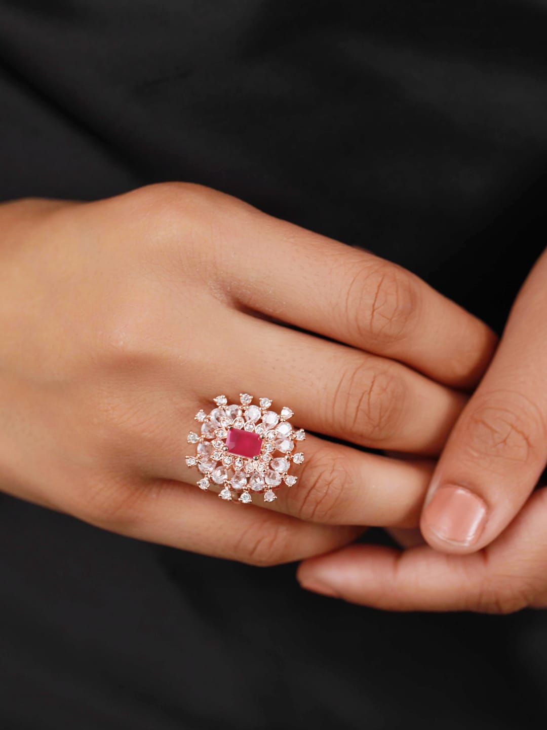 

Anouk Rose Gold Plated AD-Studded Adjustable Finger Ring