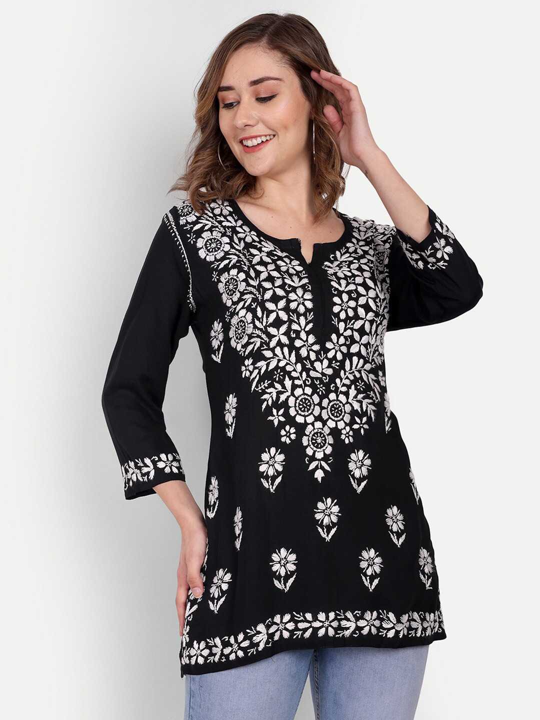 

Indiankala4u Floral Embroidered Modal Chikankari Kurti, Black