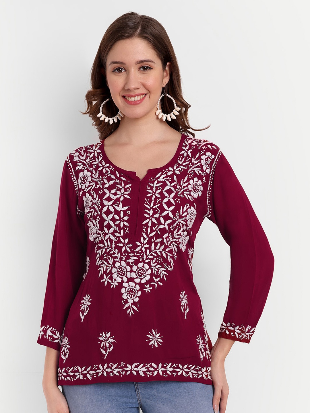 

Indiankala4u Floral Embroidered Modal Chikankari Kurti, Maroon