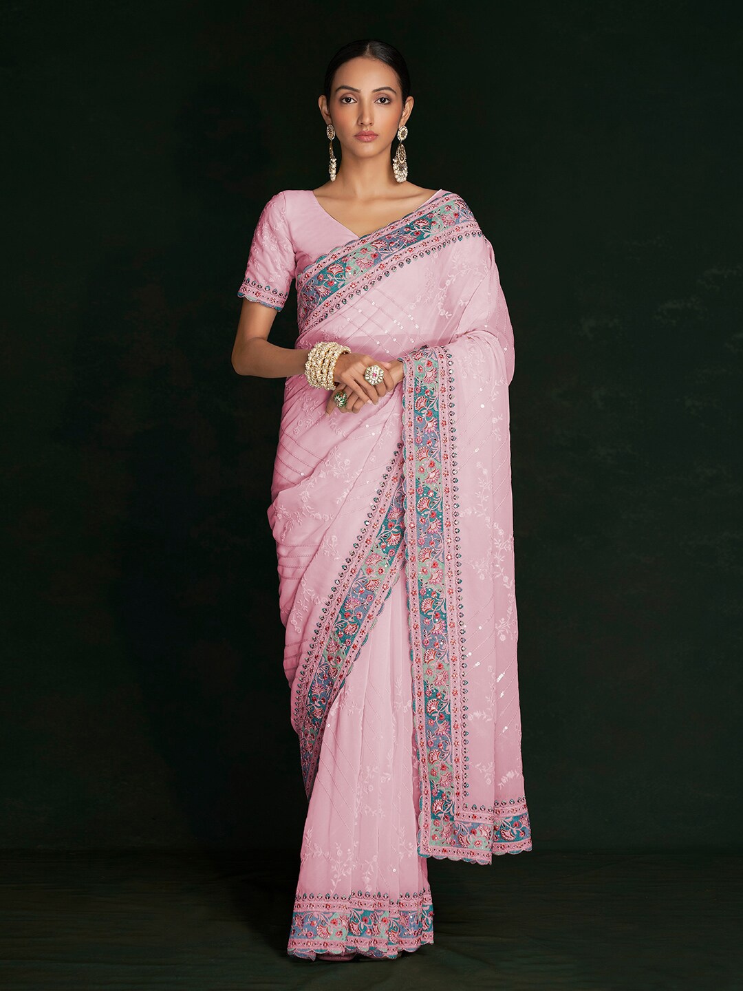 

Fusionic Embellished Embroidered Pure Georgette Saree, Pink