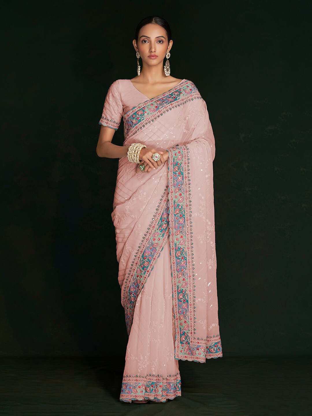 

Fusionic Embellished Embroidered Pure Georgette Saree, Peach