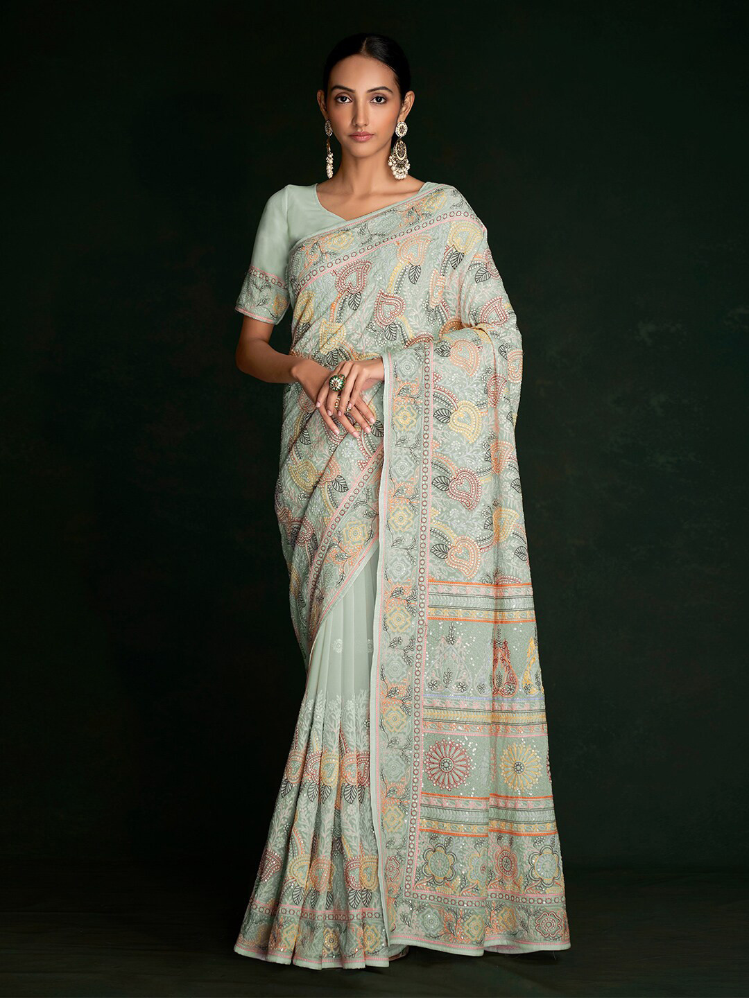 

Fusionic Ethnic Motifs Embroidered Pure Georgette Saree, Green
