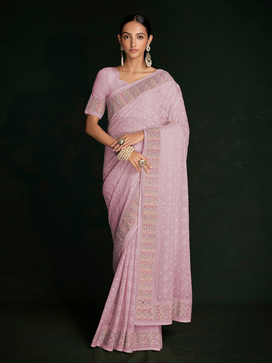 

Fusionic Floral Embroidered Pure Georgette Saree, Pink