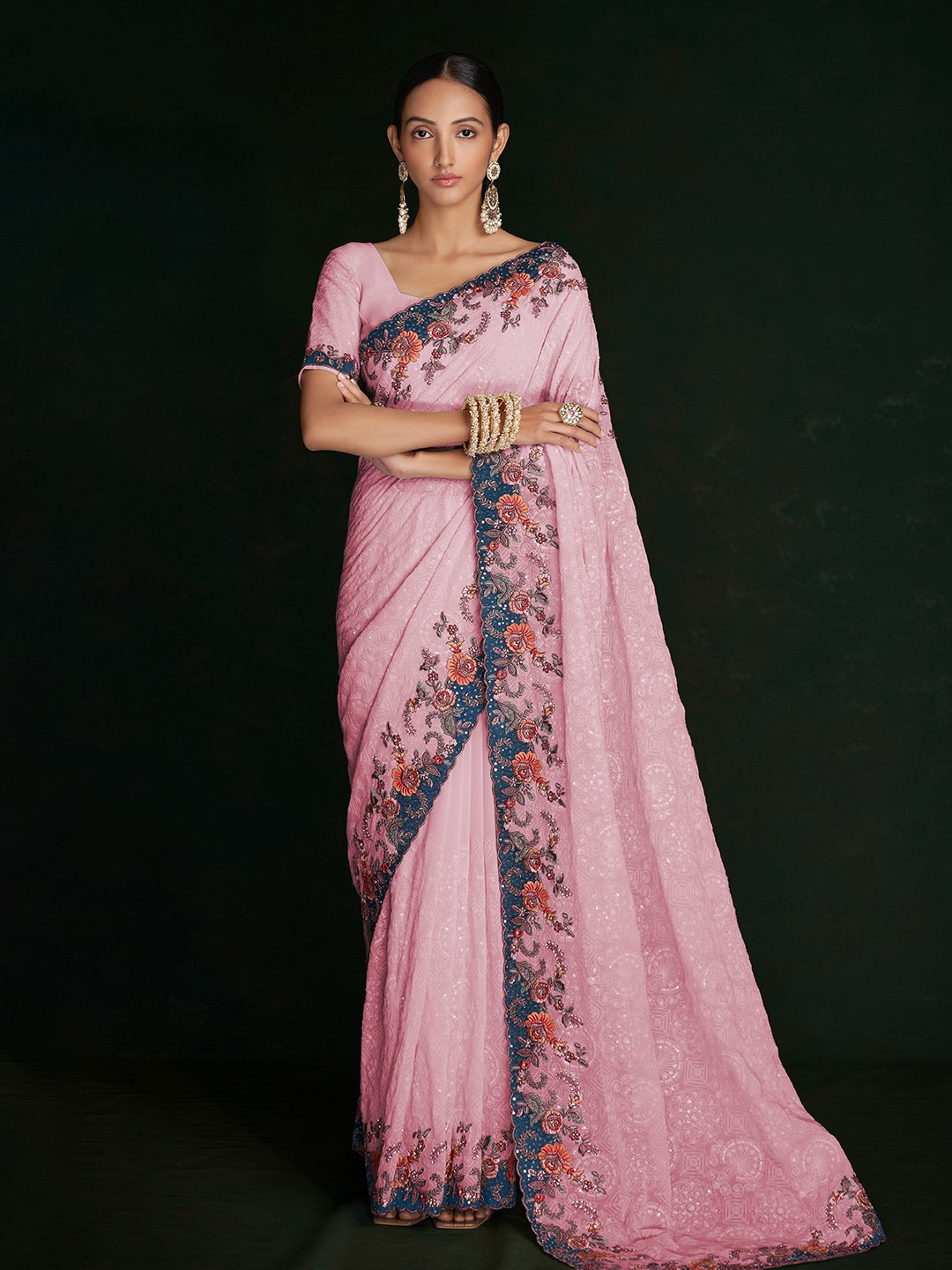 

Fusionic Floral Printed Embroidered Pure Georgette Saree, Pink