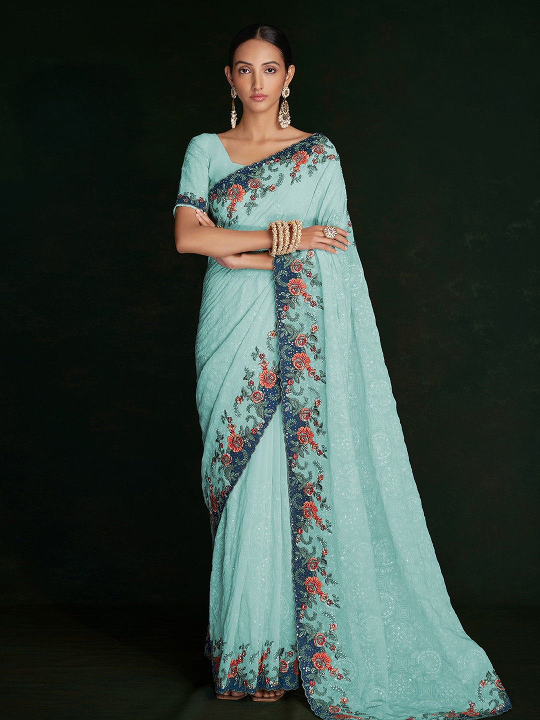 

Fusionic Turquoise Ethnic Motifs Embroidered Pure Georgette Saree, Turquoise blue