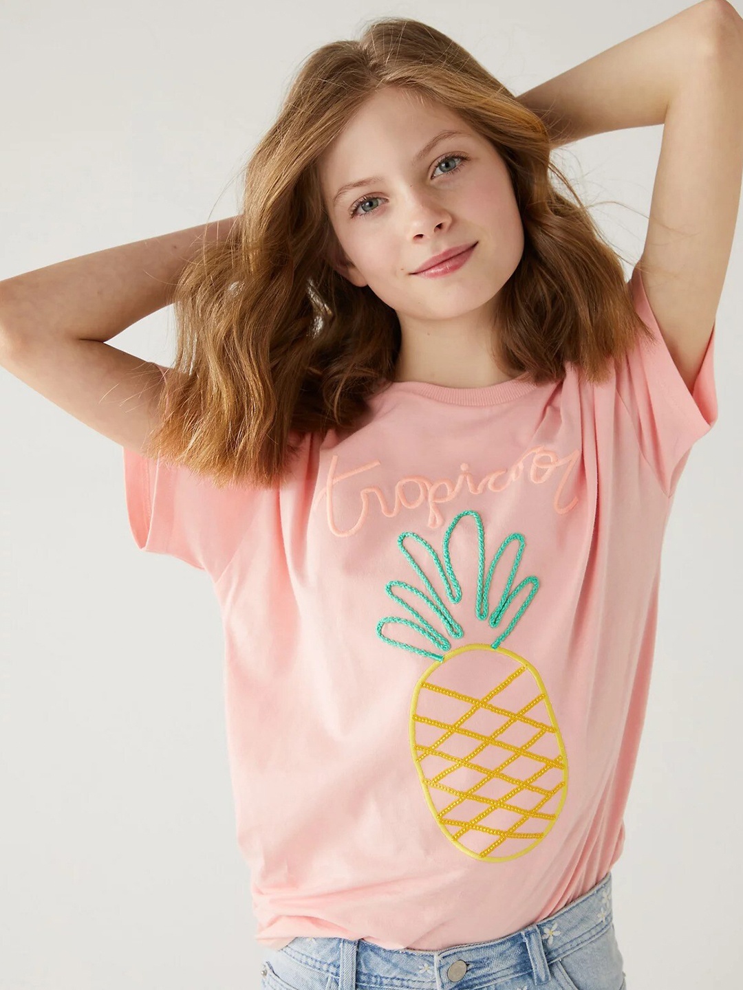 

Marks & Spencer Girls Embroidered Drop-Shoulder Sleeves Pure Cotton T-shirt, Peach