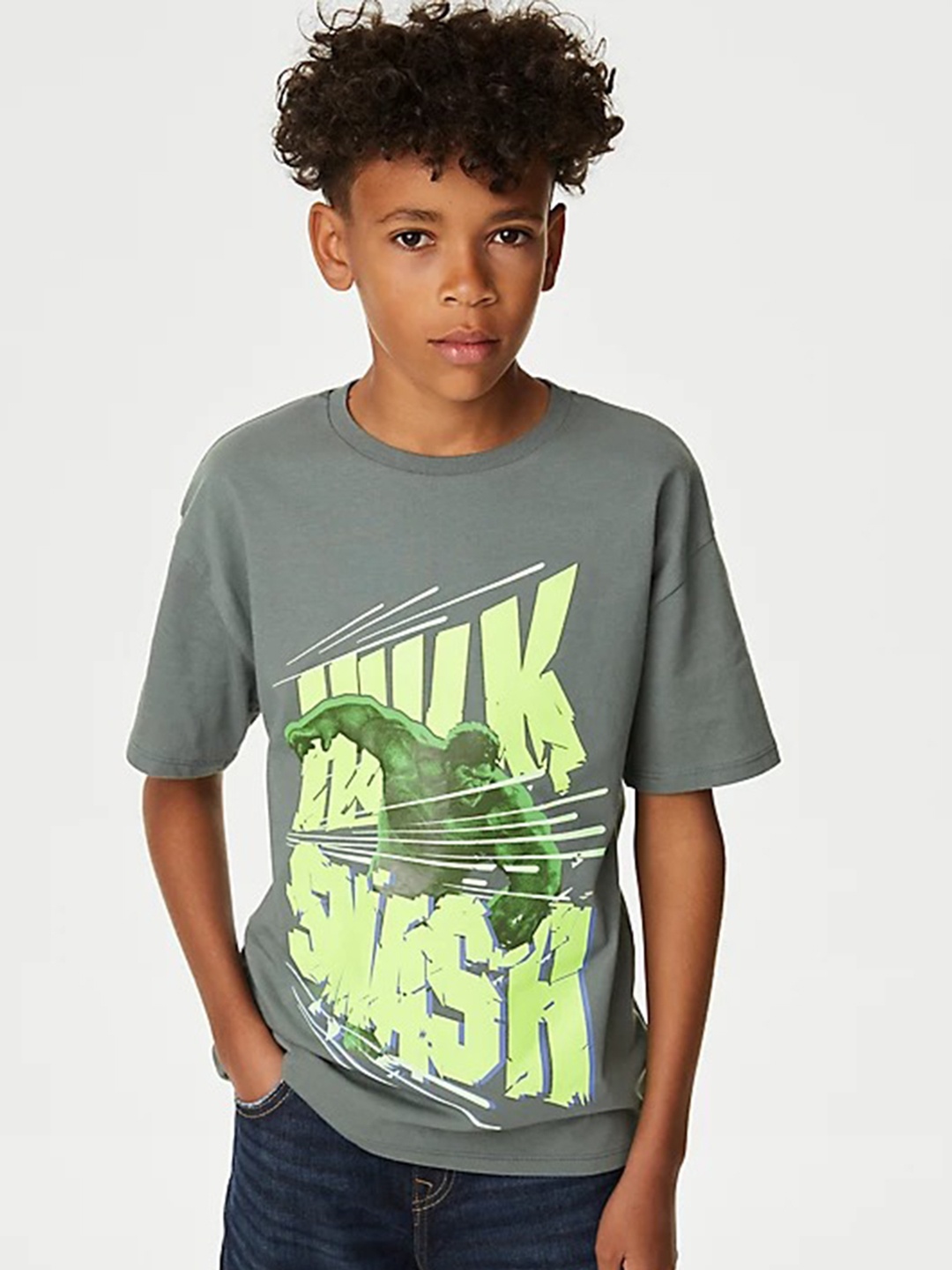 

Marks & Spencer Boys Round Neck Graphic Printed Cotton T-shirt, Grey