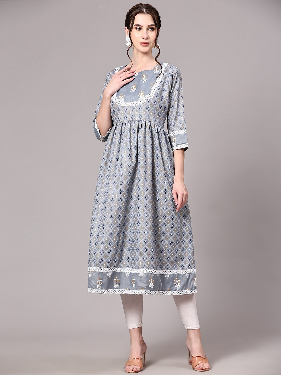 

V TRADITION Bandhani Printed Pure Cotton A-Line Kurta, Grey