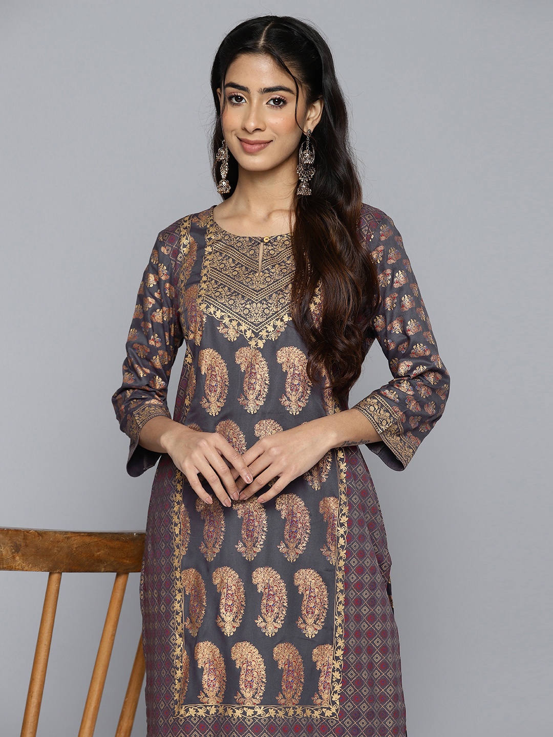 

HERE&NOW Women Grey Ethnic Motifs Printed Kurta