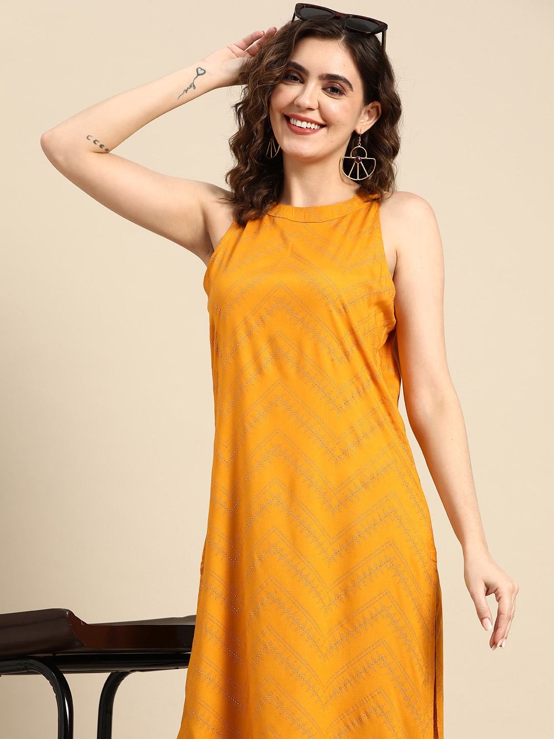 

Sangria Women Printed Kurta, Mustard