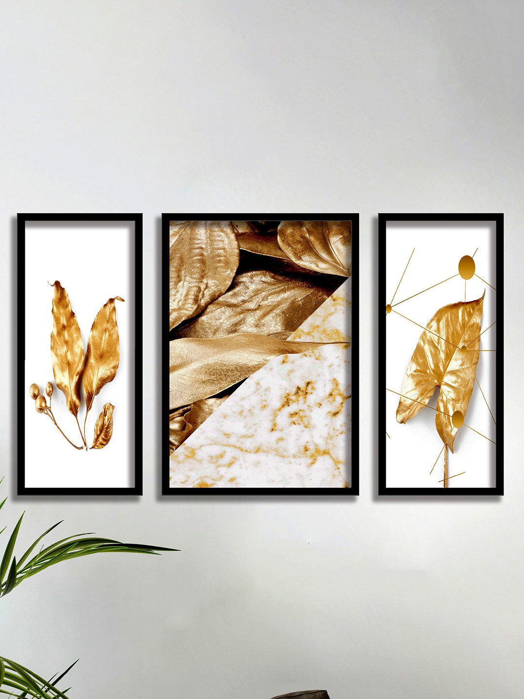 

SAF 3 Pieces White & Gold-Toned Leaves Painting Wall Art