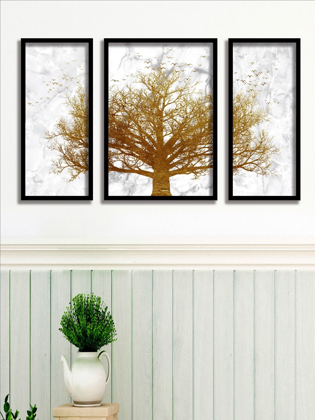 

SAF 3 Pieces Brown & Grey Golden Tree Painting Wall Art