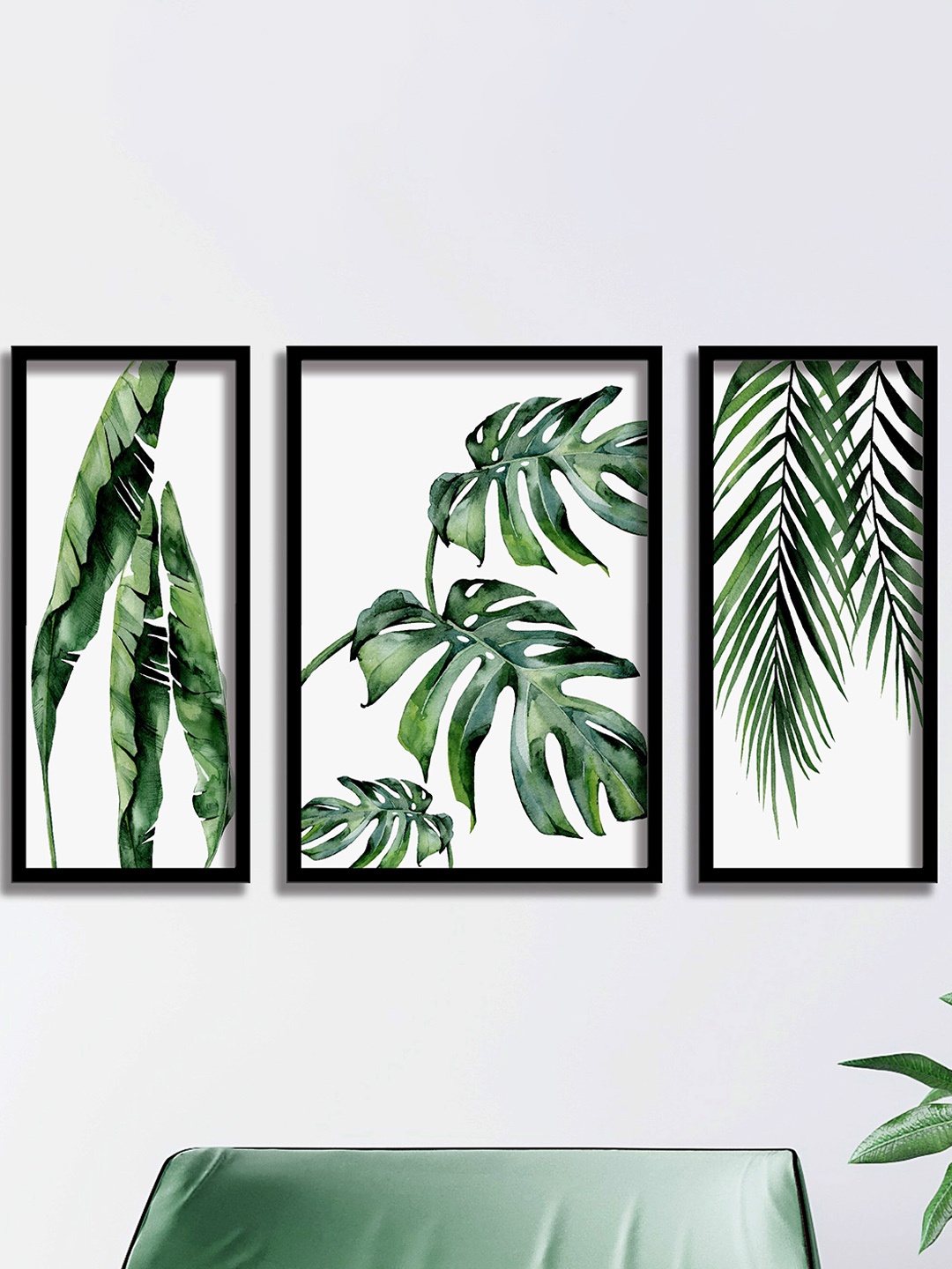 

SAF 3 Pieces Green & White Tropical Leaves Painting Wall Art