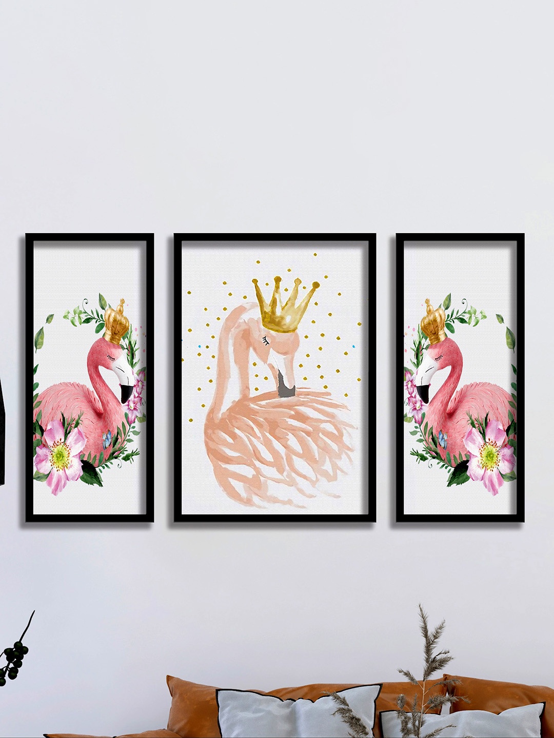 

SAF 3 Pieces Pink & White Flamingo Wall Painting