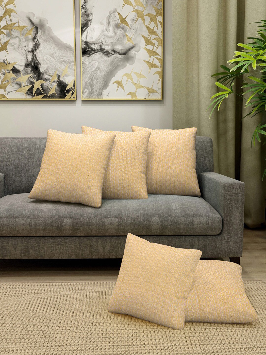 

KLOTTHE 5 PC Yellow Self Design Cotton Cushion Covers
