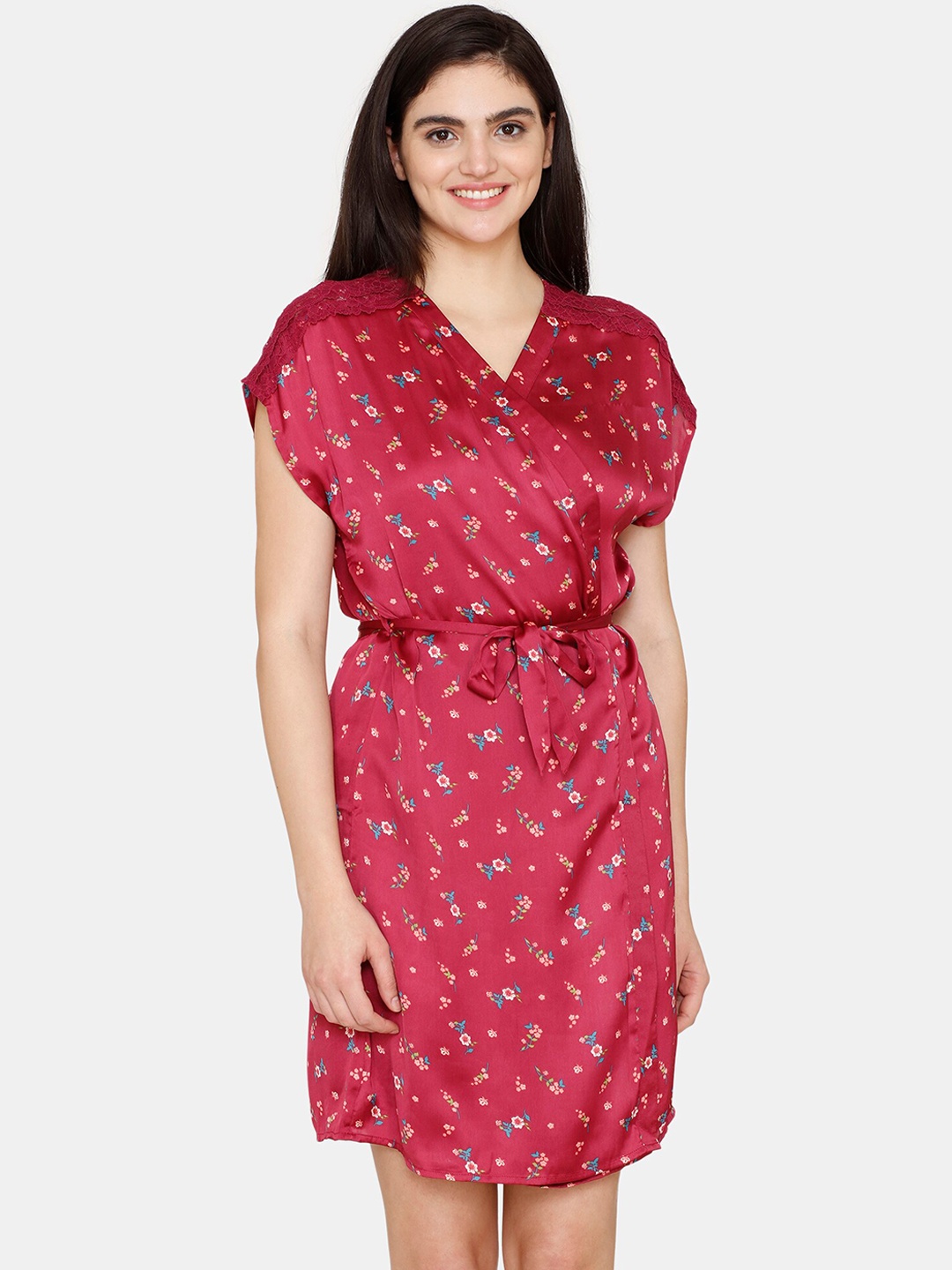 

Zivame Printed Bath Robe With Waist Tie-Up, Pink