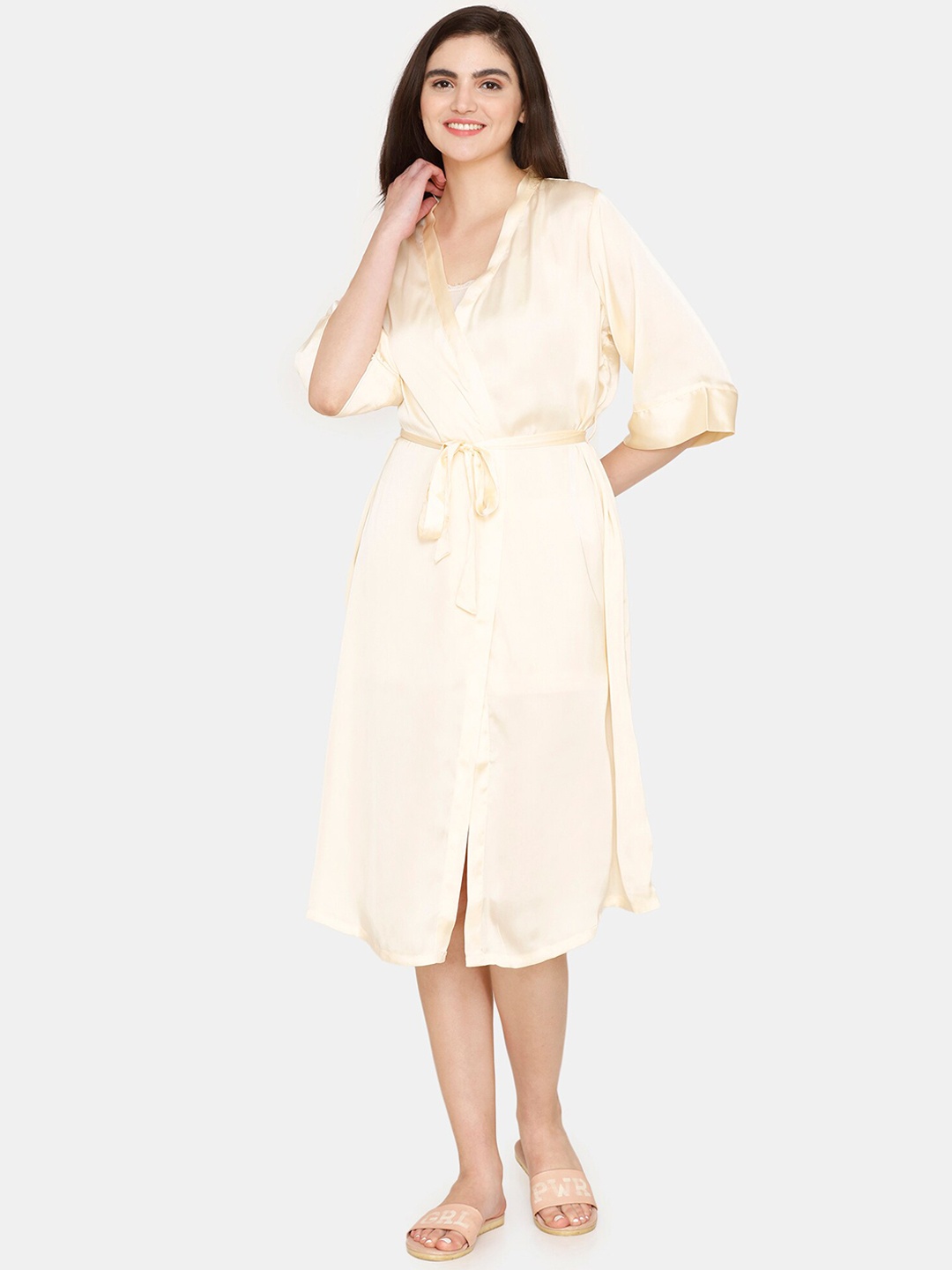 

Zivame Knee Length Relaxed-Fit Robe With Waist Tie-Up, Peach