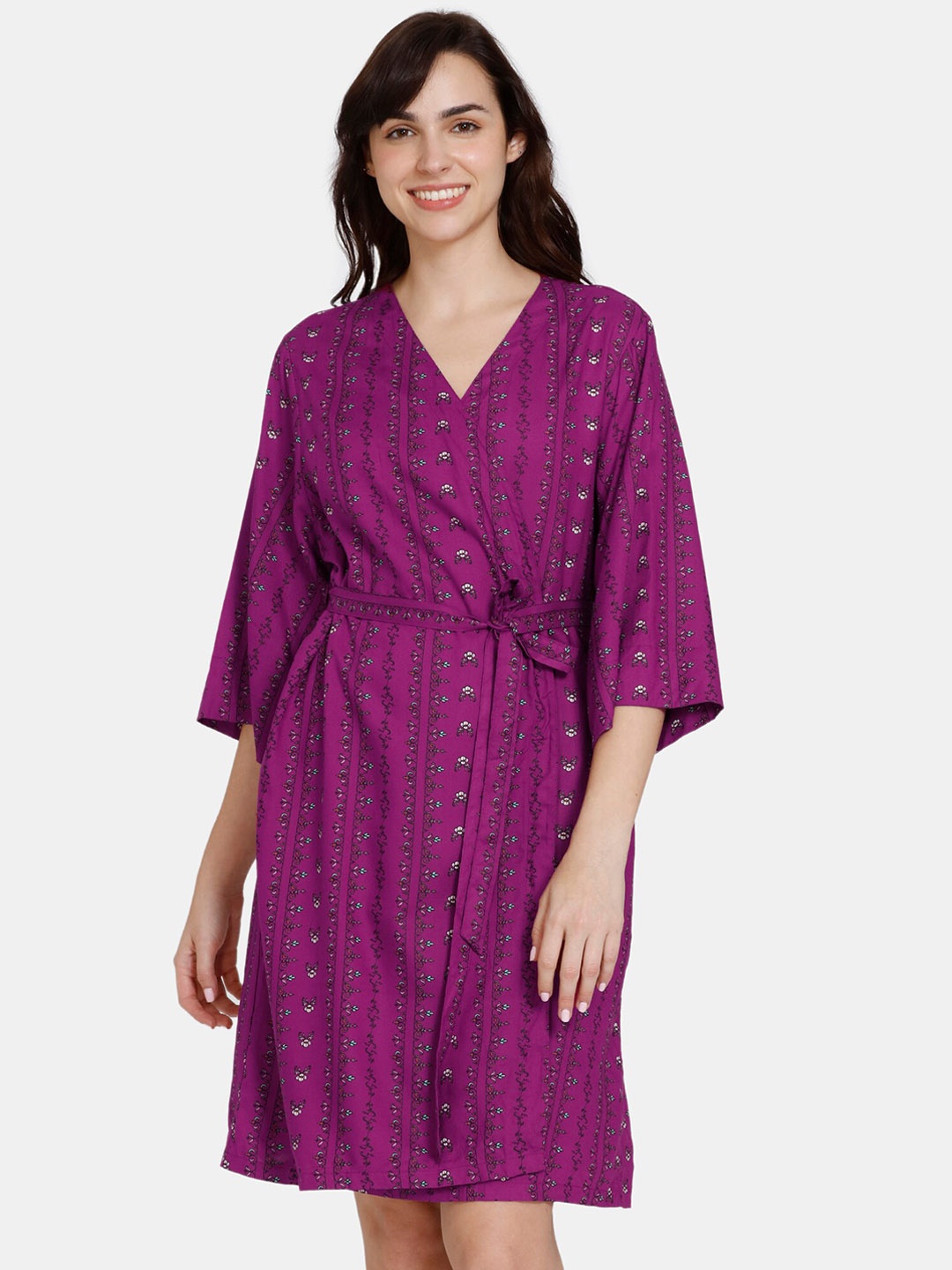 

Zivame Women Printed Robe With Waist Tie-Up, Purple