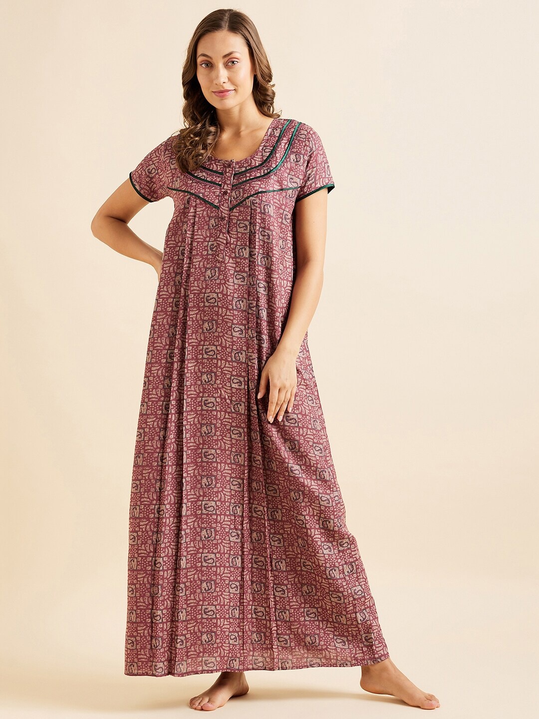 

Sweet Dreams Pink Ethnic Motifs Printed Maxi Nightdress