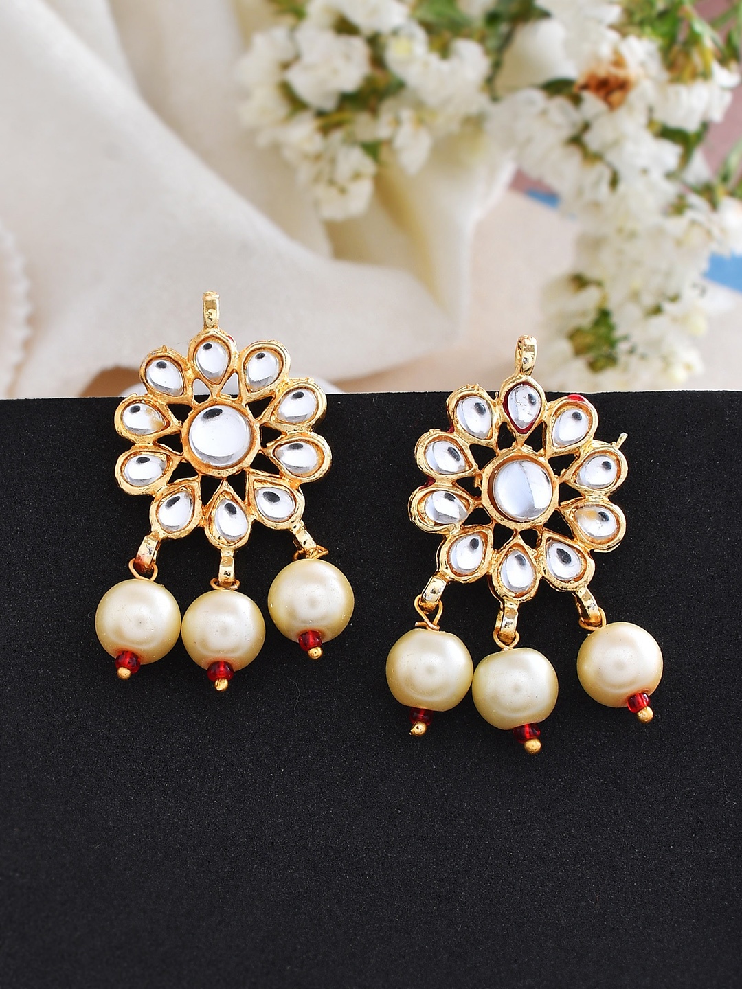 

Silvermerc Designs Gold-Plated Floral Kundan Studded Drop Earrings