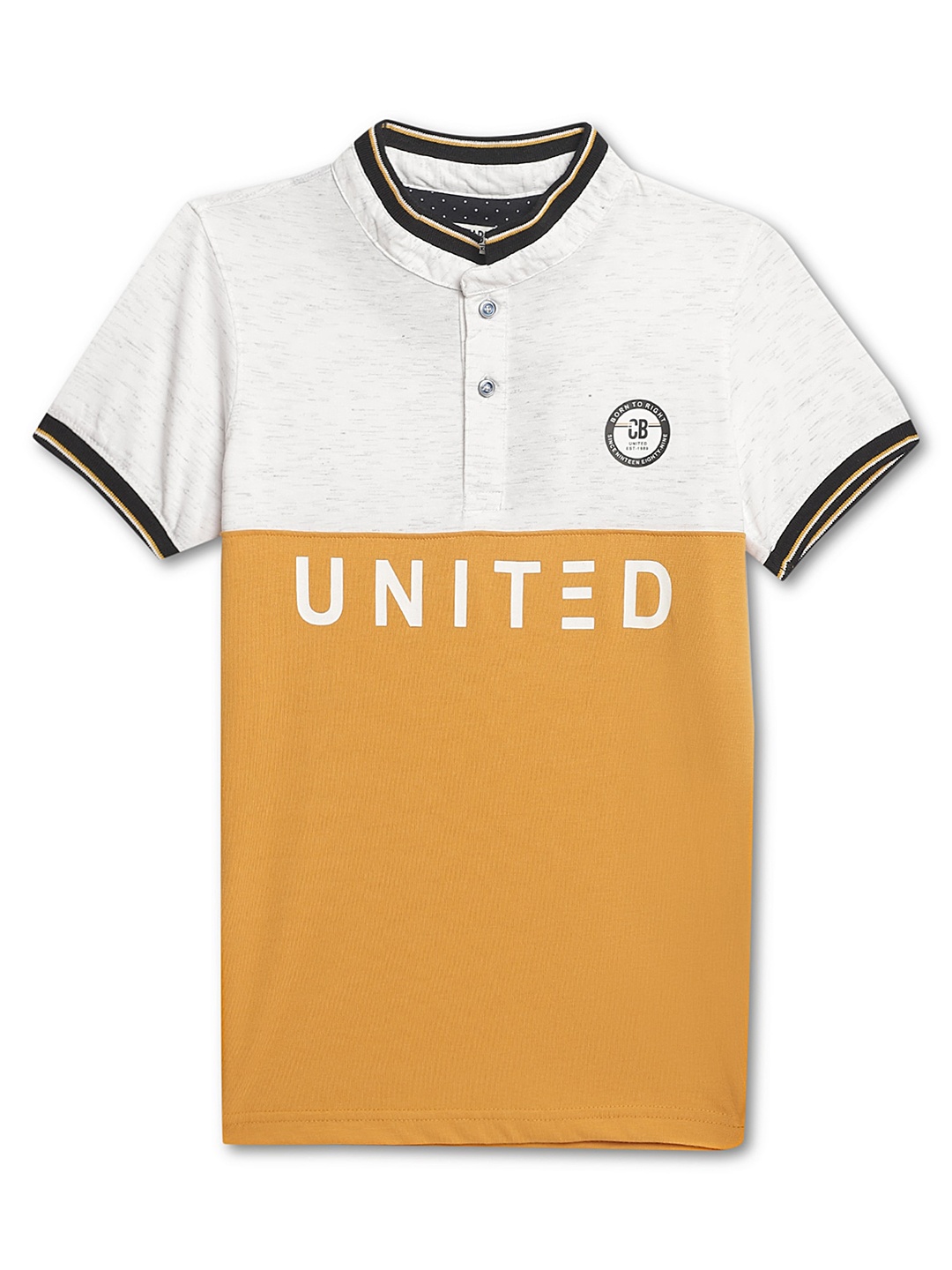 Cantabil Boys Colourblocked Henley Neck Cotton T-shirt, Off white