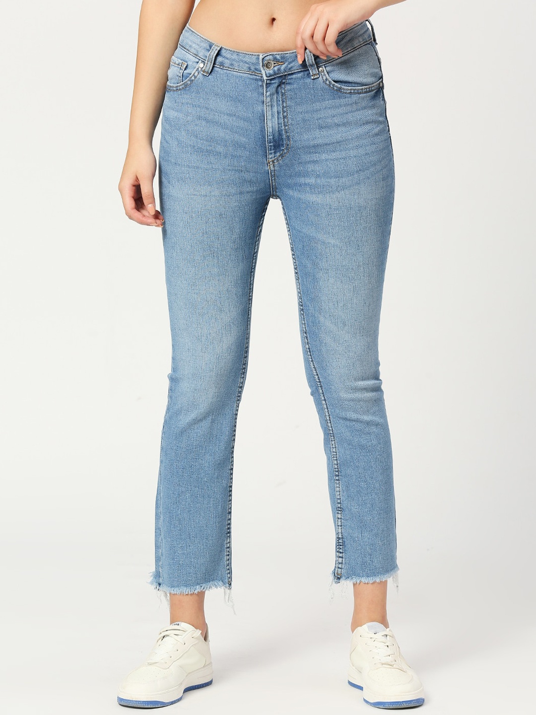 

LOVEGEN Women Clean Look Whiskers Light Fade Flared Stretchable Cropped Jeans, Blue