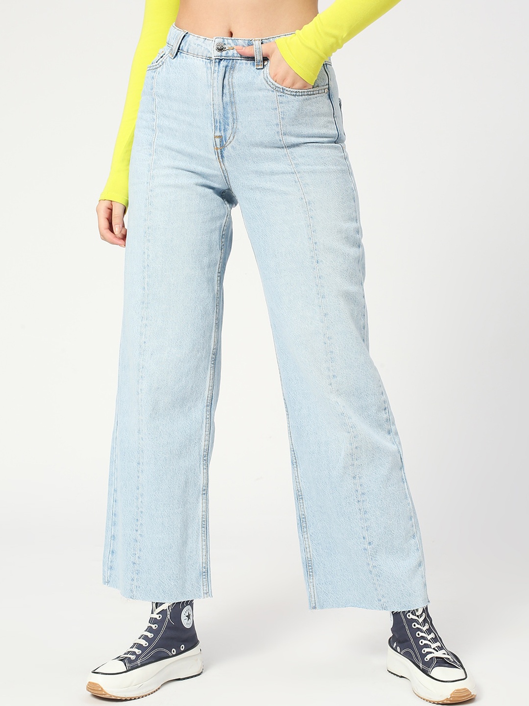 

LOVEGEN Women Wide Leg High-Rise Acid Wash Pure Cotton Jeans, Blue