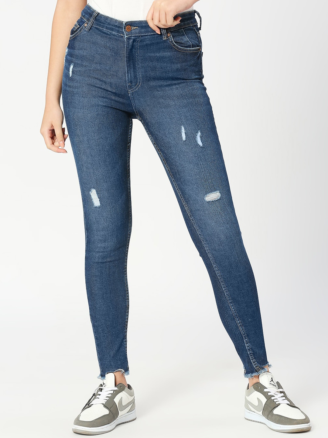 

LOVEGEN Women Skinny Fit High-Rise Low Distress Light Fade Acid Wash Stretchable Jeans, Blue