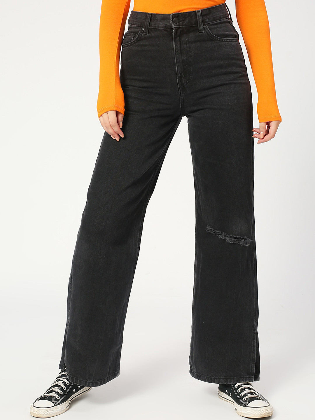 

LOVEGEN Women Wide Leg High-Rise Mildly Distressed Pure Cotton Jeans, Black