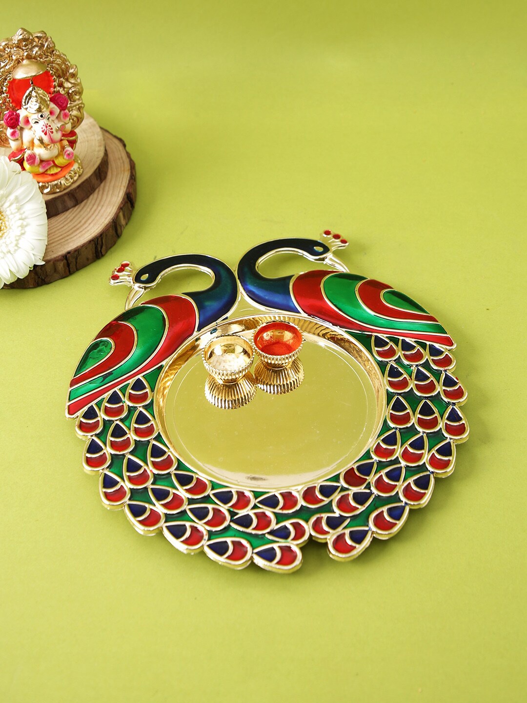 

Aapno Rajasthan Green & Red Twin Peacock Design Pooja Thali