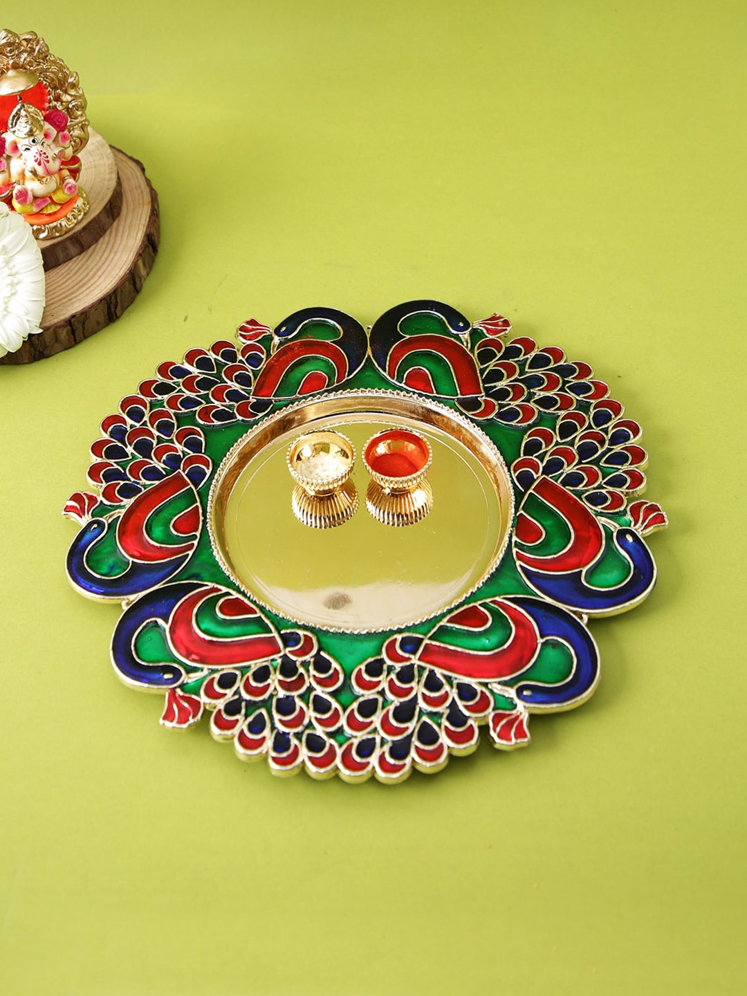 

Aapno Rajasthan Green & Red Peacock Design Pooja Thali