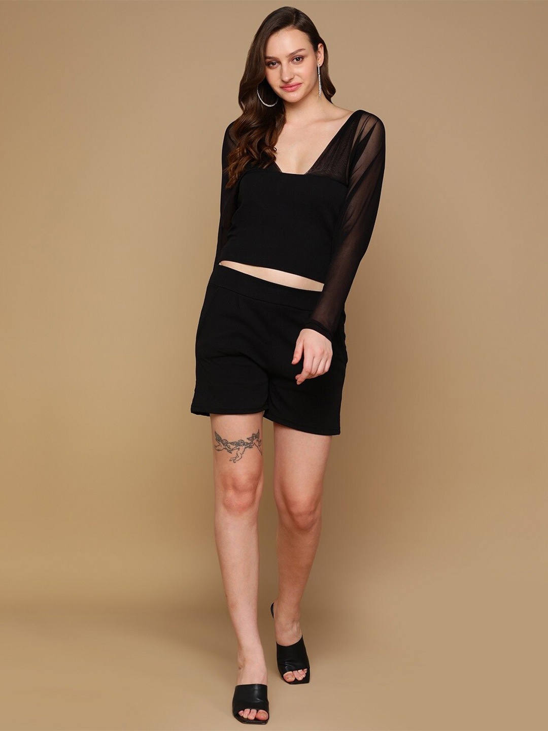 

Crazy SHE Net Pulf Sleeves Cut Out Jumpsuit, Black