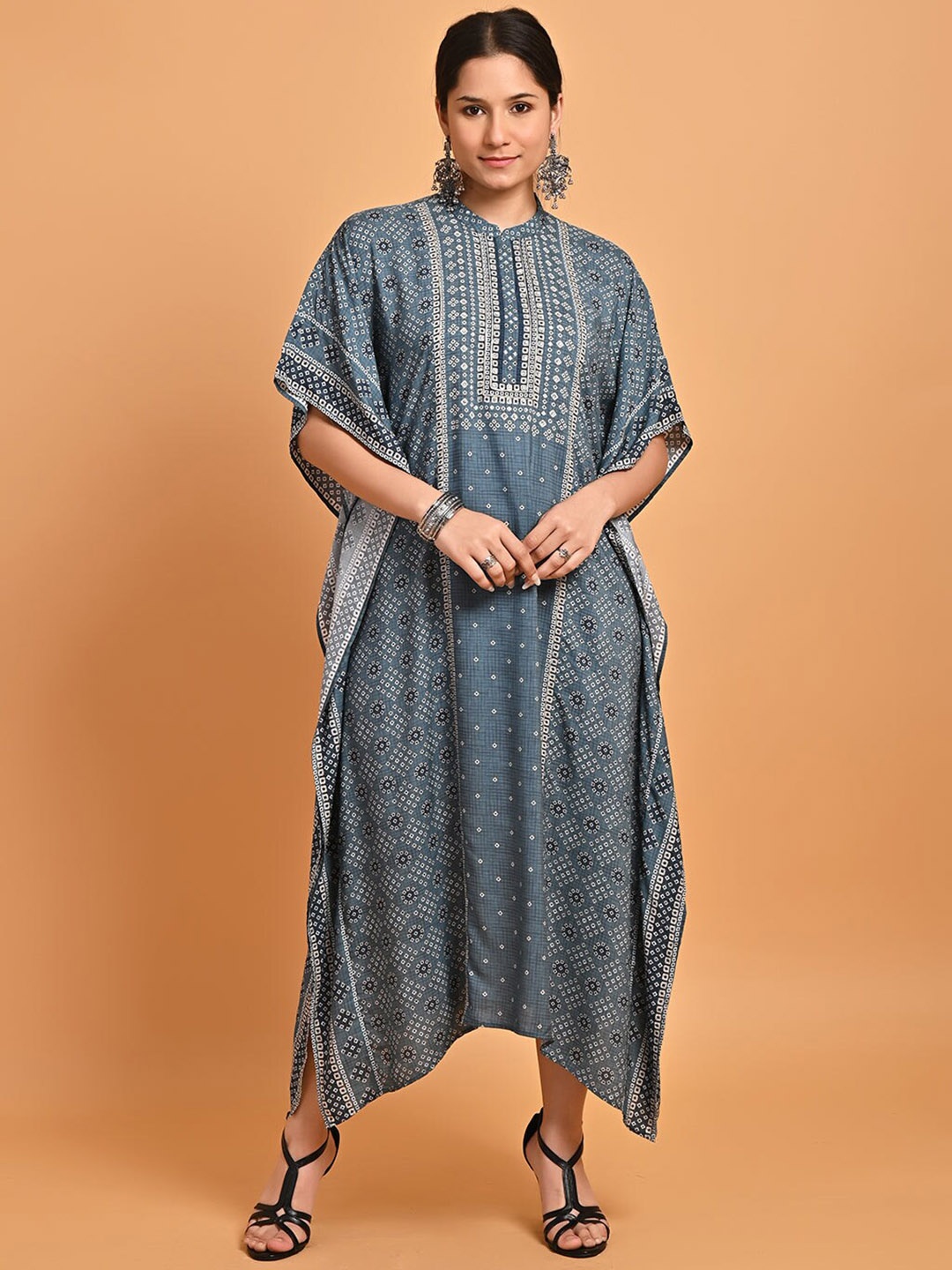 

Lakshita Ethnic Motif Printed Mandarin Collar Kaftan Dress, Blue
