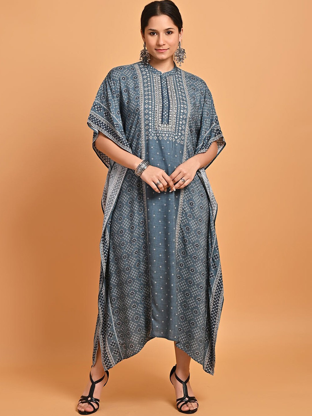

Lakshita Ethnic Motif Printed Mandarin Collar Kaftan Dress, Blue