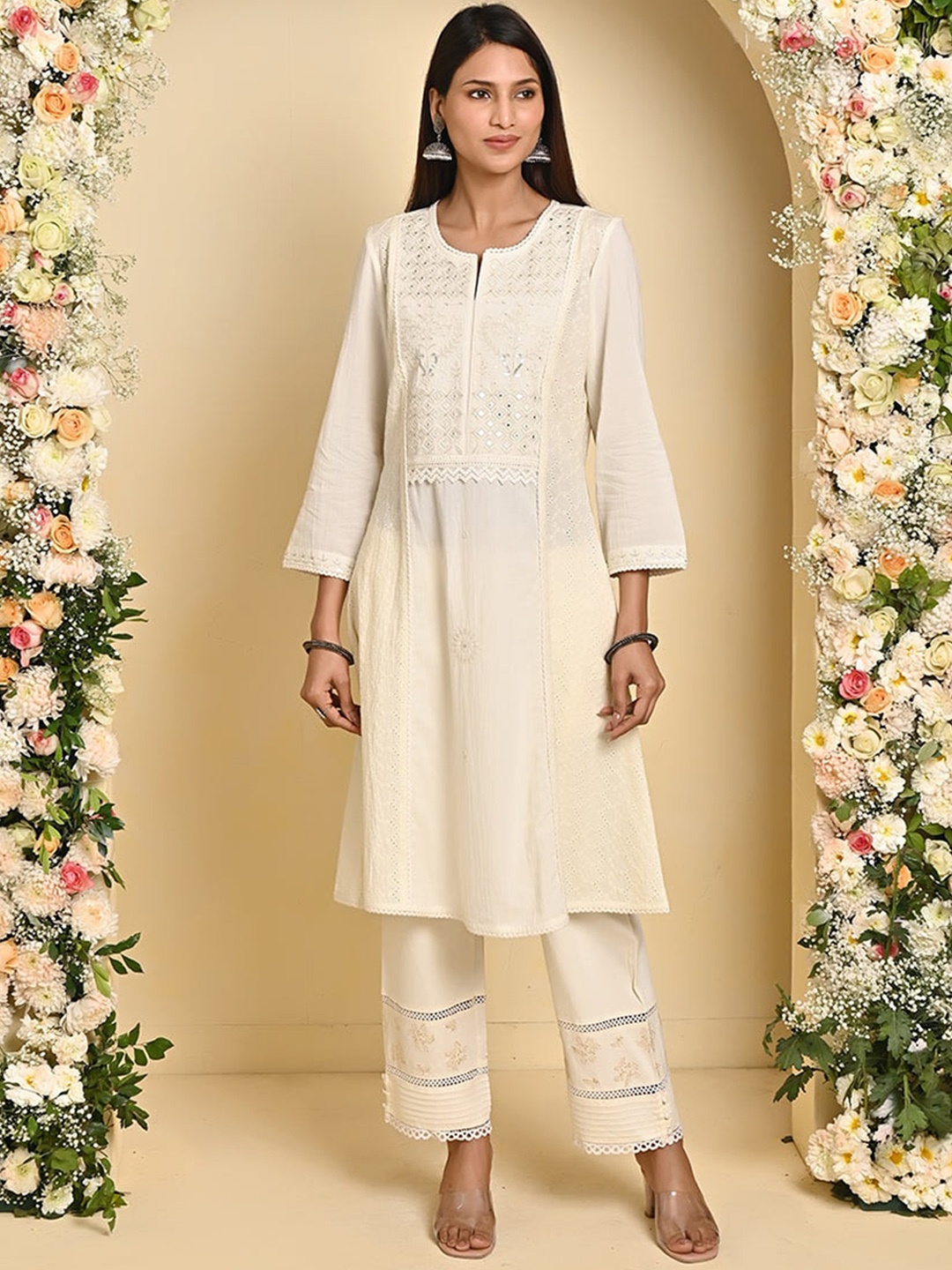 

Lakshita Floral Embroidered Notched Neck Sequinned A-Line Kurta, White