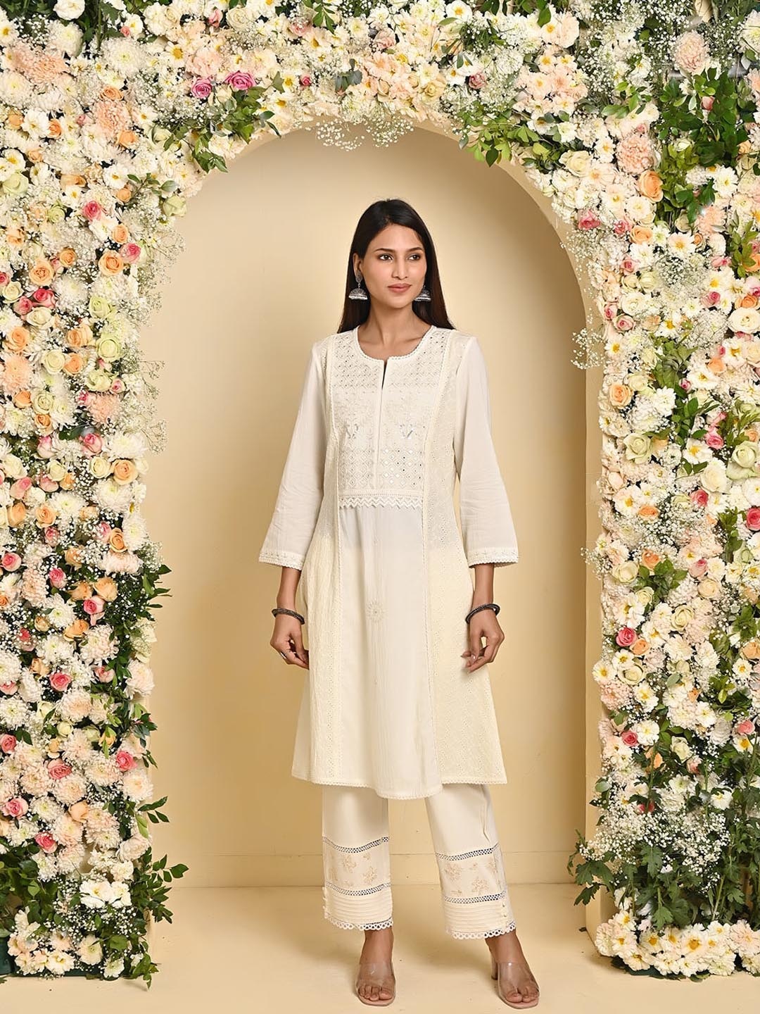 

Lakshita Floral Embroidered Notched Neck Sequinned A-Line Kurta, White