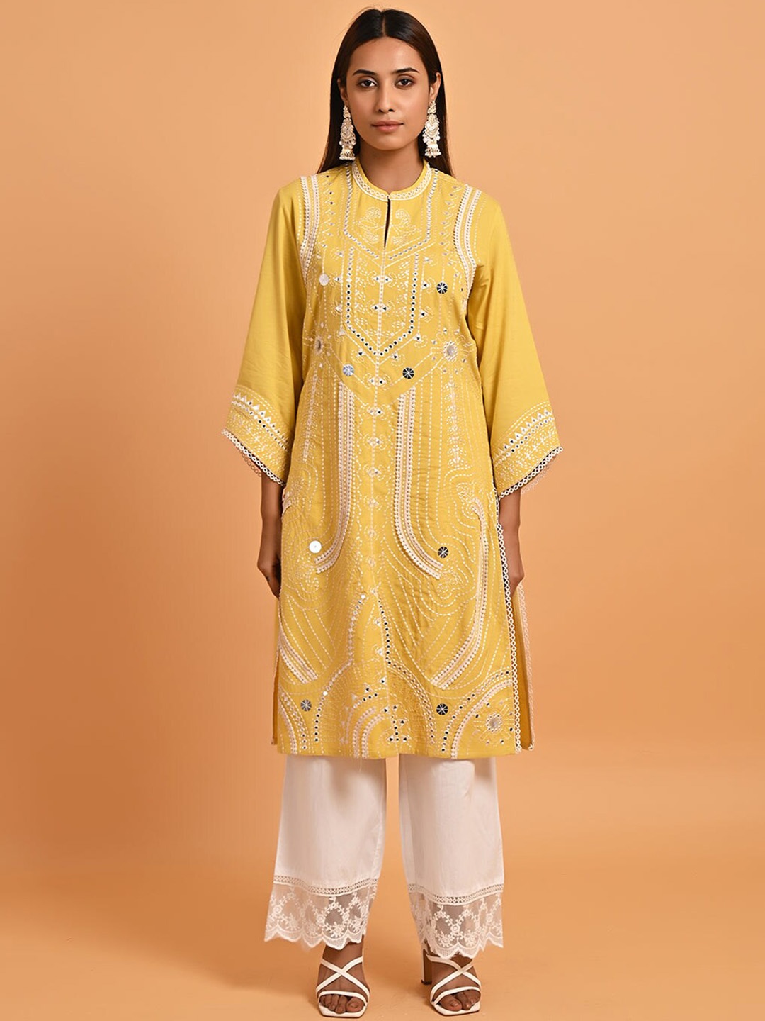 

Lakshita Mandarin Collar Ethnic Motifs Embroidered Sequinned Georgette Kurta, Mustard