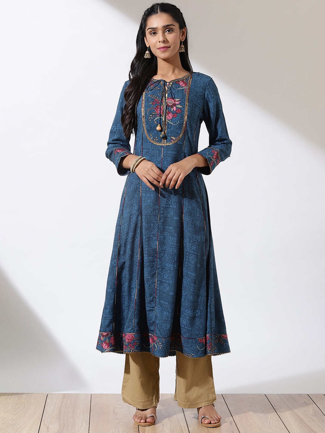 Lakshita Ethnic Motifs Printed Tie Up Neck Sequinned Anarkali Kurta, Blue