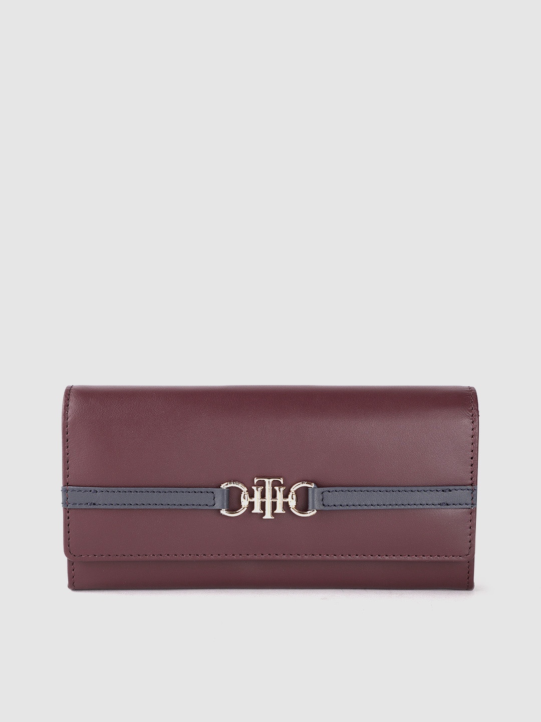 

Tommy Hilfiger Women Striped Embellished Leather Two Fold Wallet, Burgundy