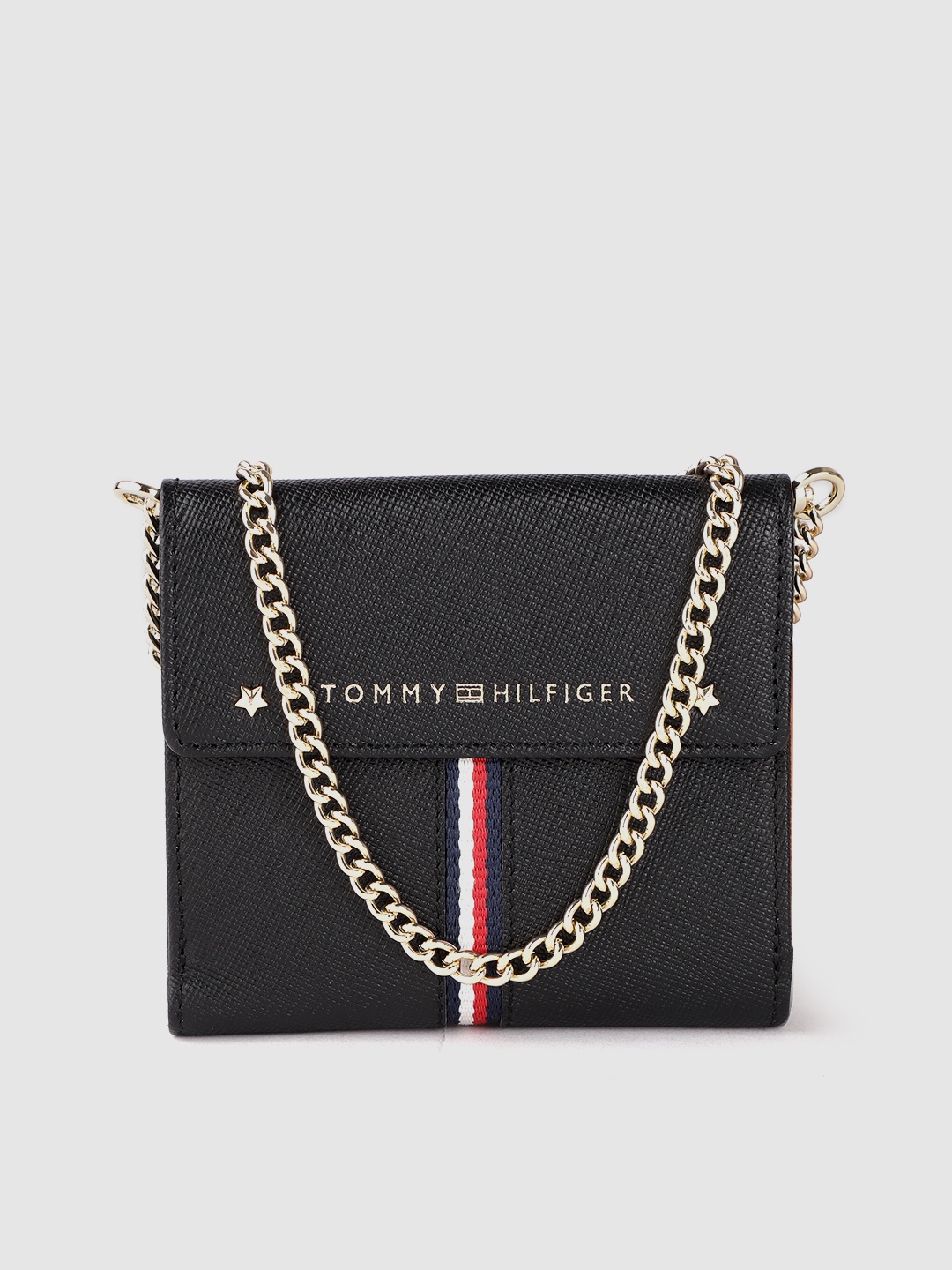 

Tommy Hilfiger Women Textured Embellished Leather Two Fold Wallet With Sling, Black