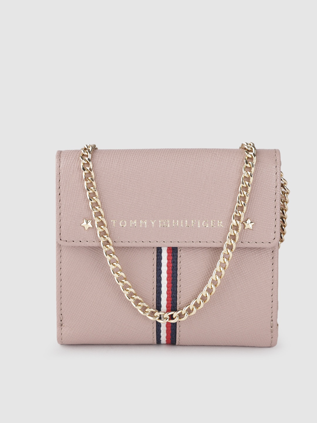 

Tommy Hilfiger Women Textured Embellished Leather Two Fold Wallet With Sling, Rose