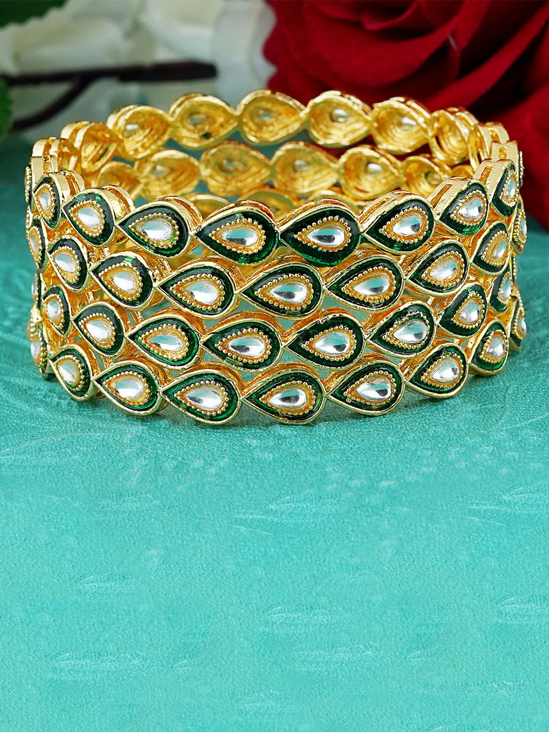 

MANSIYAORANGE Set Of 4 Gold-Plated & Kundan-Studded Meenakari Bangles