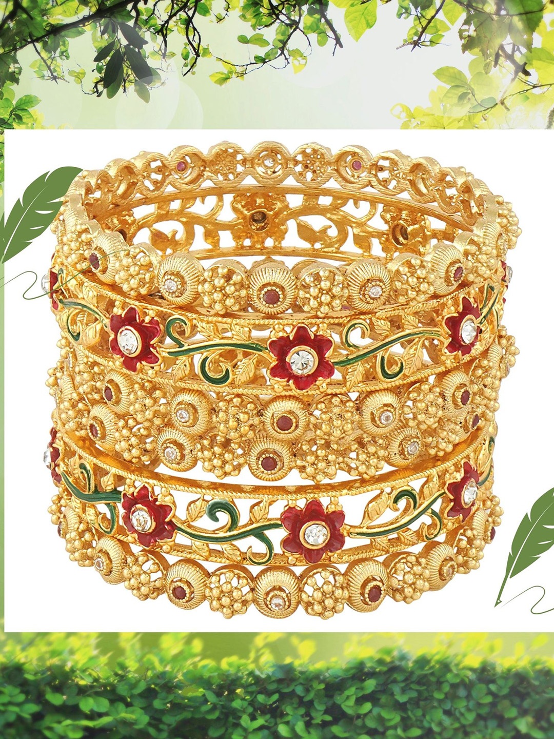 

MANSIYAORANGE Set Of 6 Gold-Plated & AD-Studded Meenakari Bangles