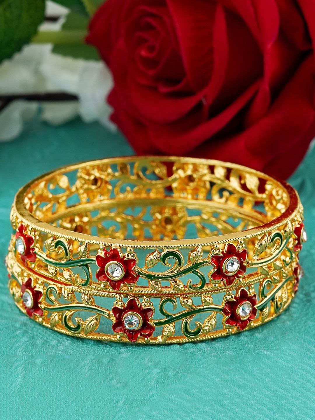 

MANSIYAORANGE Set Of 2 Gold-Plated AD Studded & Enamelled Bangles, Red